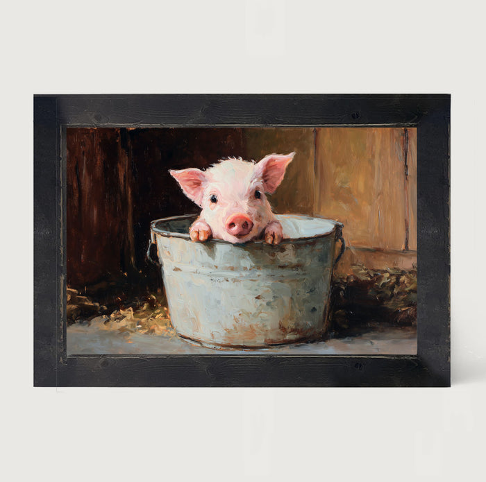 Metal Bucket with Baby Pig - Framed Art