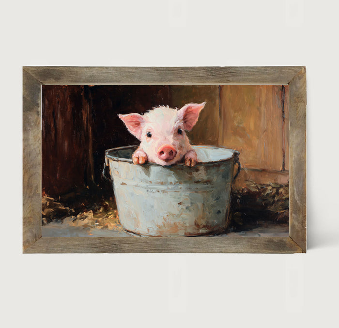 Metal Bucket with Baby Pig - Framed Art