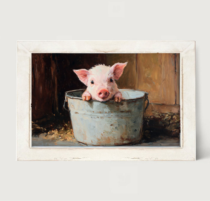 Metal Bucket with Baby Pig - Framed Art
