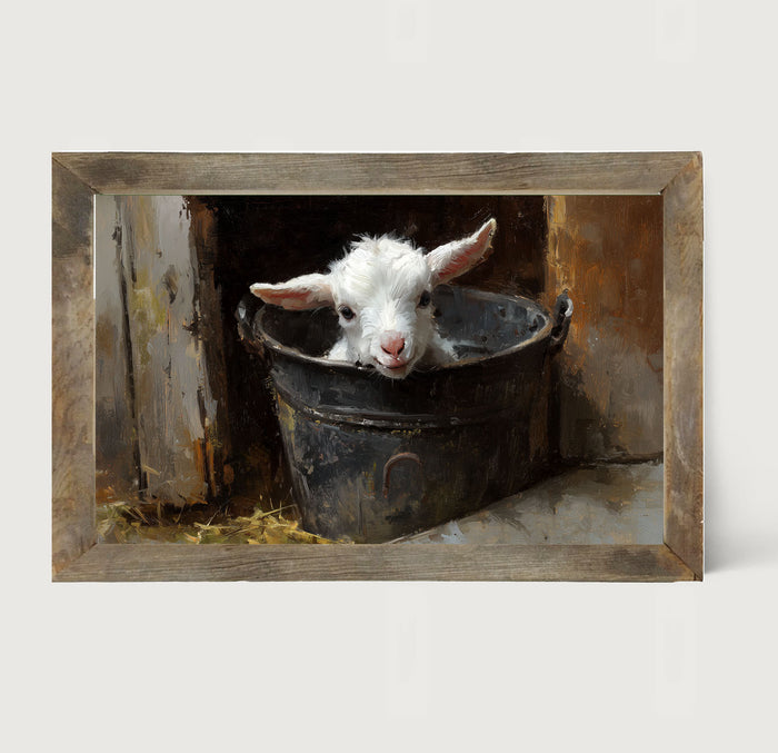 Metal Bucket with Happy Lamb - Framed Art