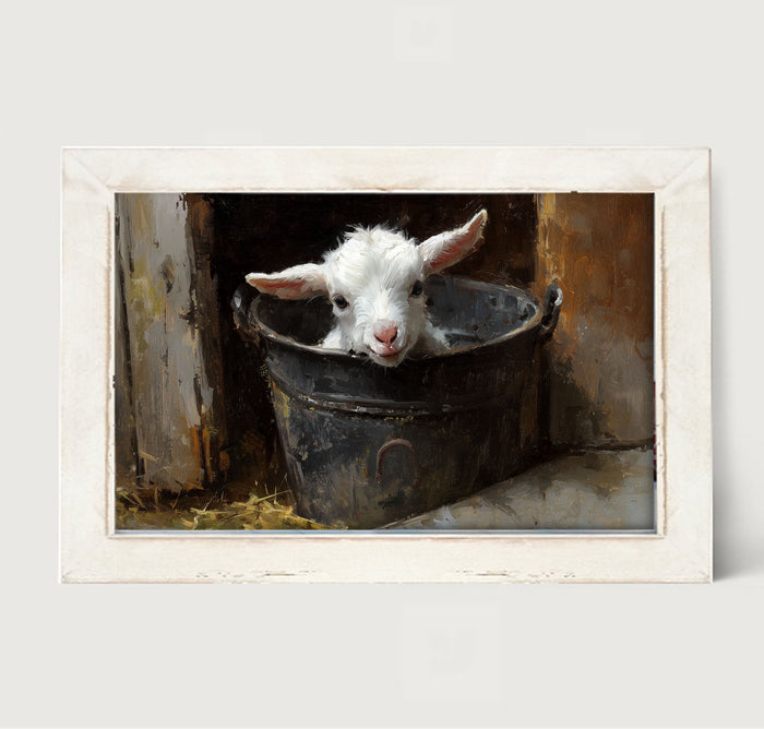 Metal Bucket with Happy Lamb - Framed Art