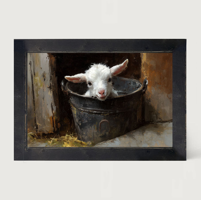 Metal Bucket with Happy Lamb - Framed Art