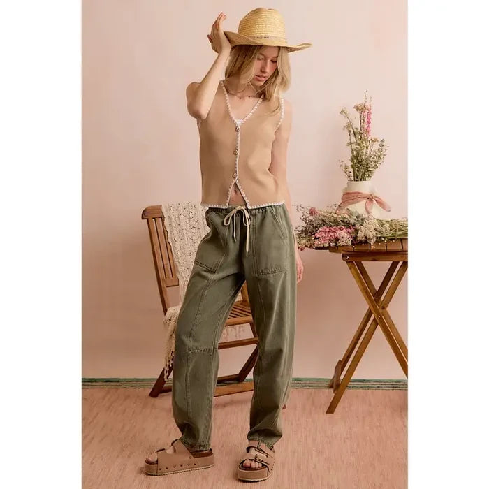Mid Rise Waist Drawstring Barrel Jeans Pants