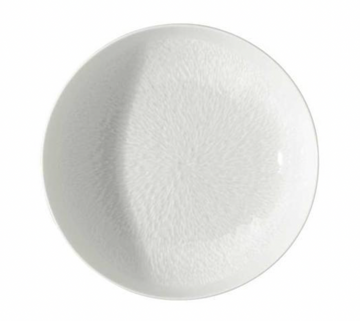 The Mineral Dinnerware Glazed White plate by Raynaud is a round, white Limoges porcelain plate with a subtle textured pattern radiating from the center and a smooth, glossy finish, shown from above.