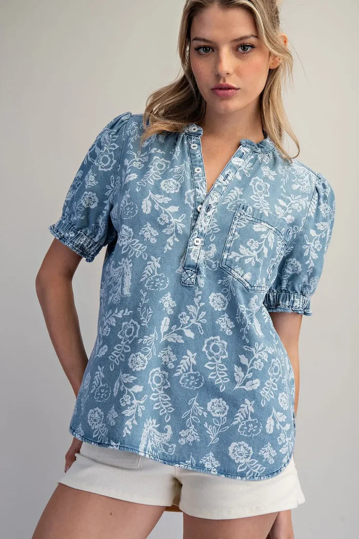 Mineral Washed Floral Printed Blouse