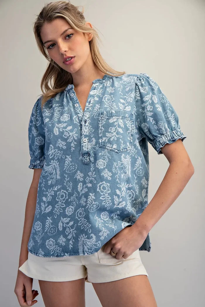 Mineral Washed Floral Printed Blouse