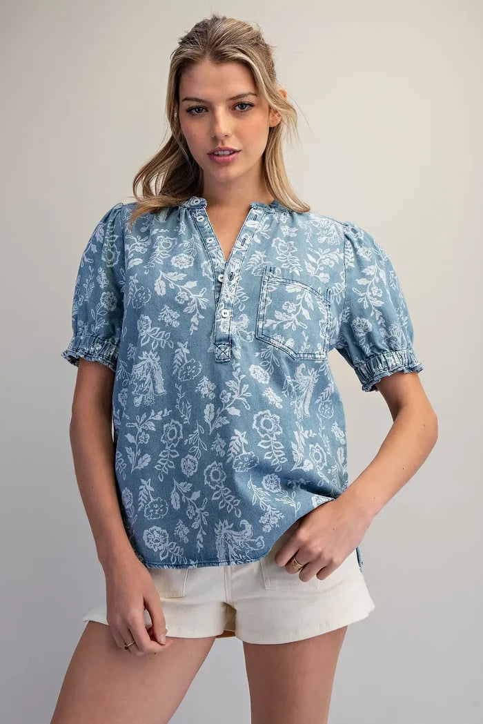 Mineral Washed Floral Printed Blouse