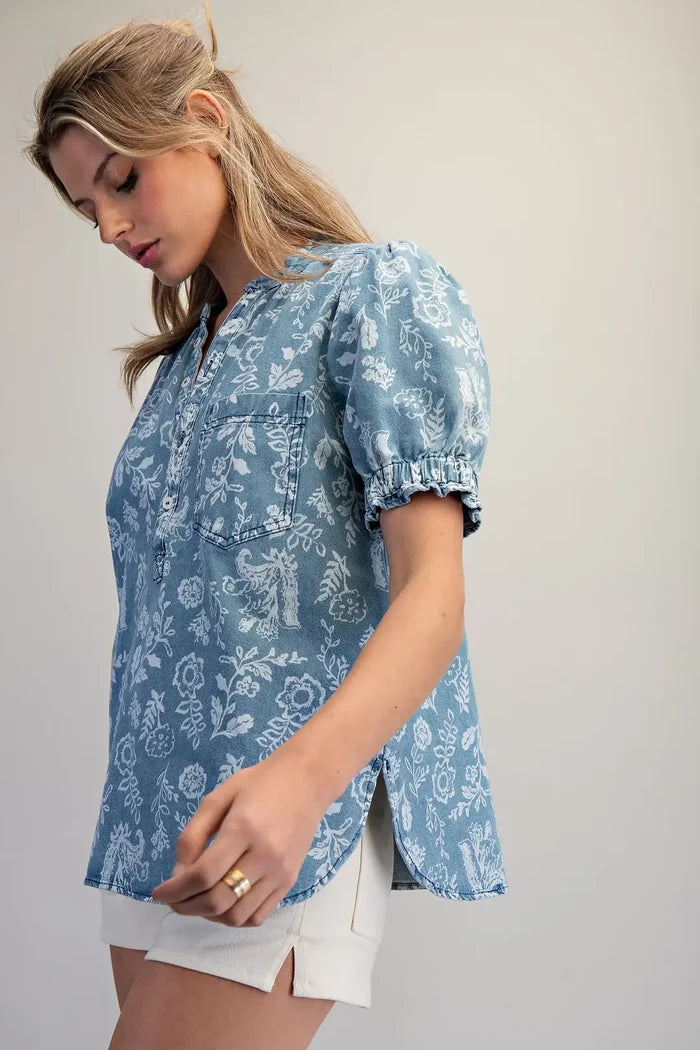 Mineral Washed Floral Printed Blouse
