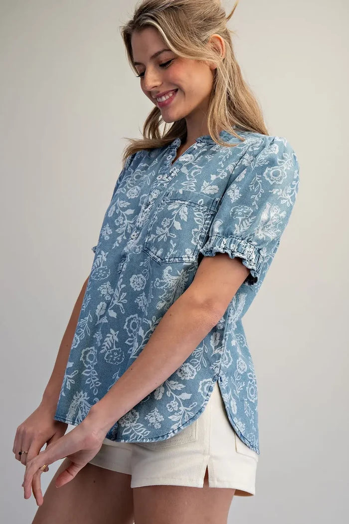 Mineral Washed Floral Printed Blouse