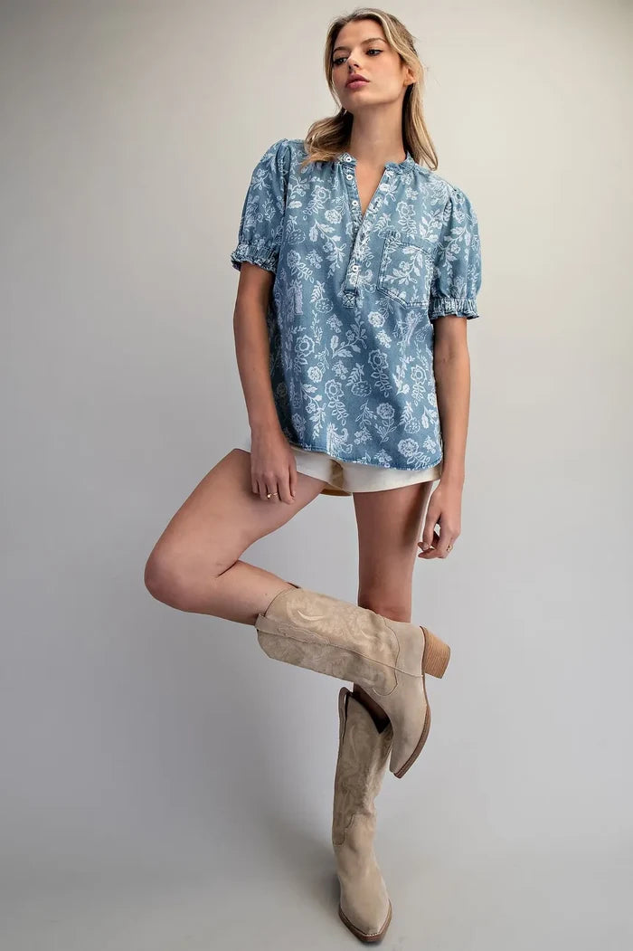 Mineral Washed Floral Printed Blouse