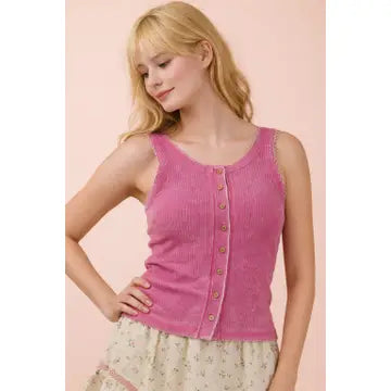 Mineral Washed Knit Tank Top w/ Lace Trim-Fuchsia