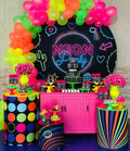 Mocsicka Colorful Neon Lights on Black Brick Wall Round Cover Backdrop-Mocsicka Party