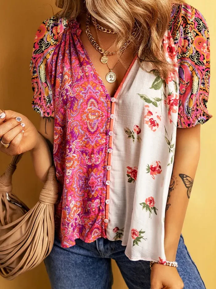 Multicolour Boho Floral Patchwork Buttoned Short Sleeve Blouse