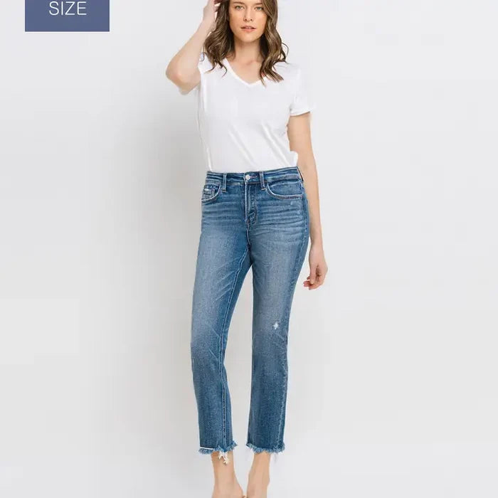 Plus Size High Rise Uneven Raw Hem Slim Straight