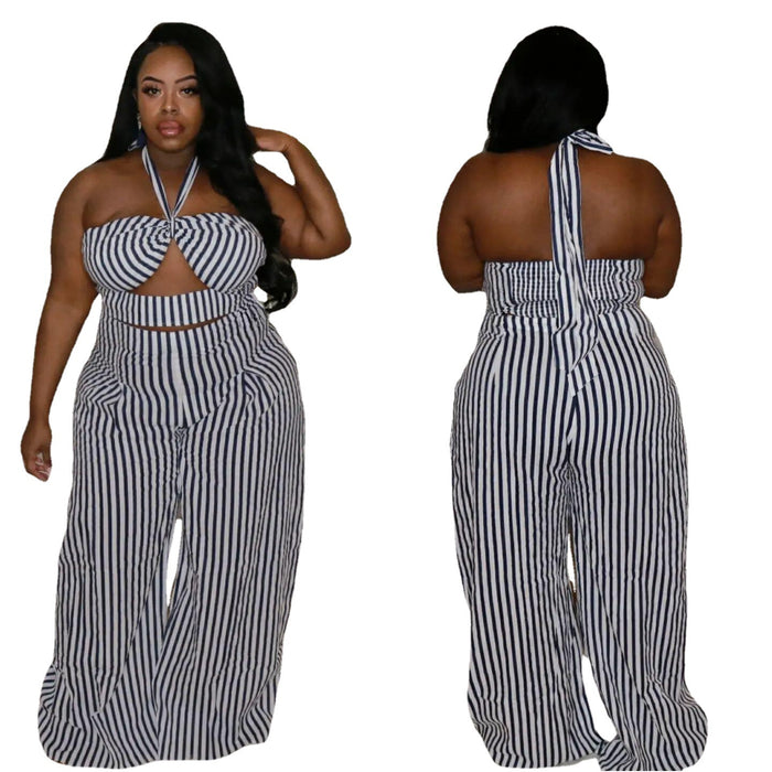 Plus Size Sexy  Black White Stripes Two-Piece Set Nightclub Uniforms