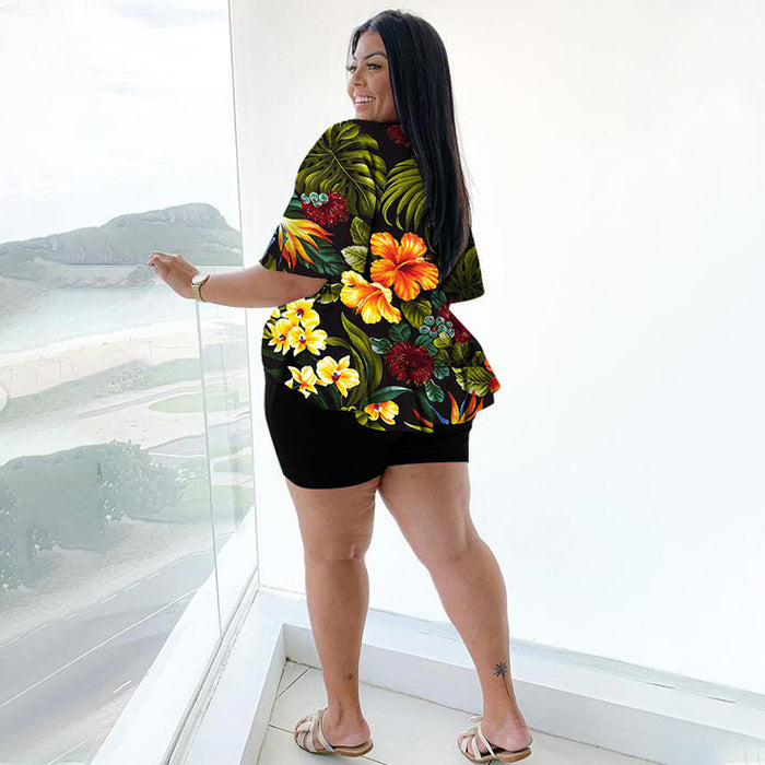 Plus Size Spring Autumn Women Clothing  Two-Piece Suit Printing Casual T-shirt Shorts Set