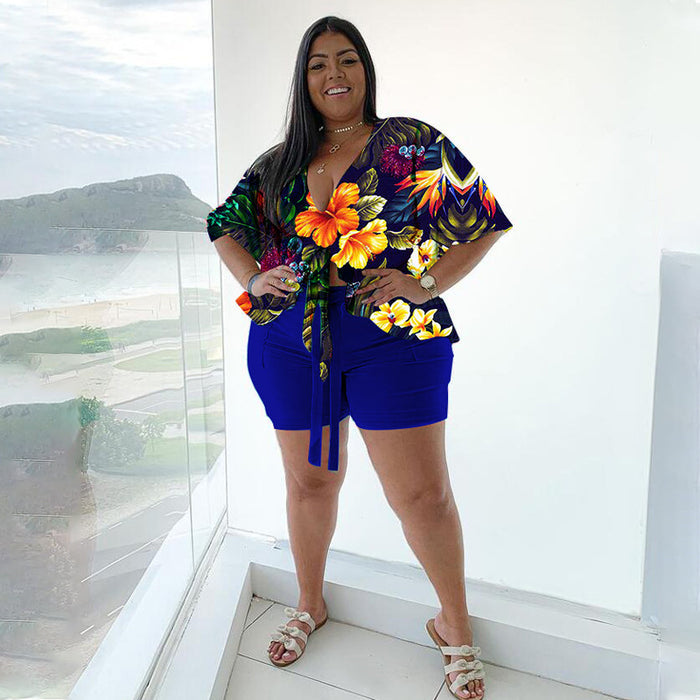 Plus Size Spring Autumn Women Clothing  Two-Piece Suit Printing Casual T-shirt Shorts Set