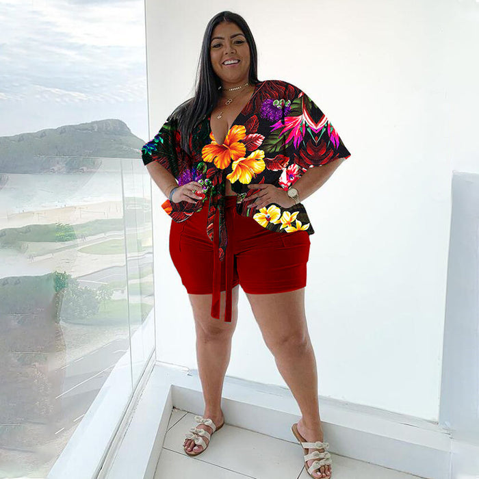 Plus Size Spring Autumn Women Clothing  Two-Piece Suit Printing Casual T-shirt Shorts Set