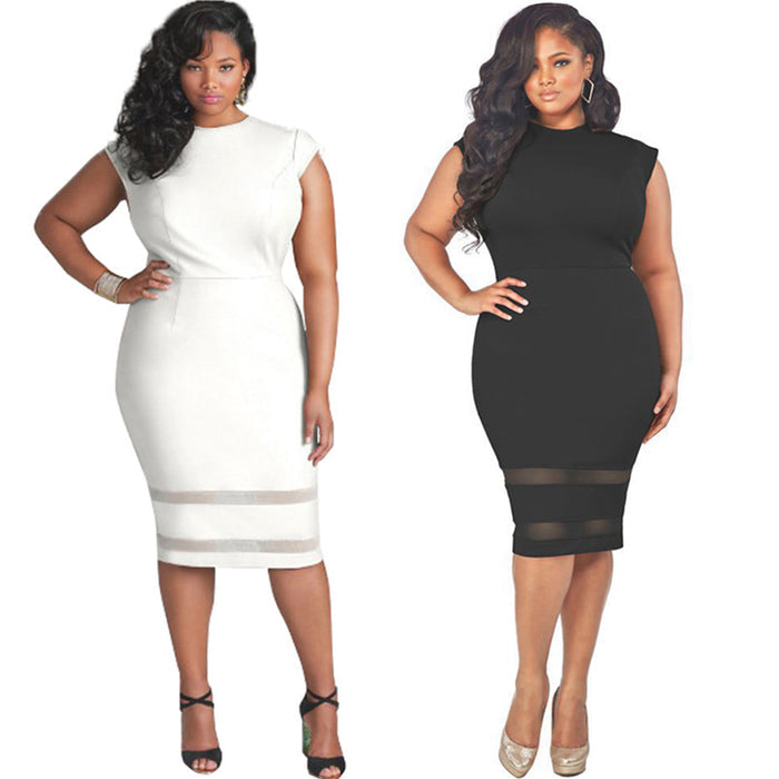 Plus Size Summer  Women Clothing   Sexy Short Sleeve Stretch Mesh Stitching Dress