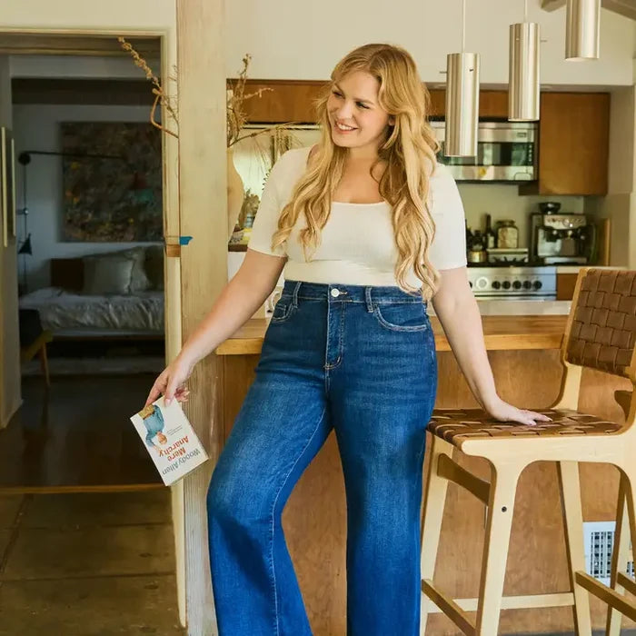 Plus Size Tummy Control Mid Rise Wide Leg Jeans