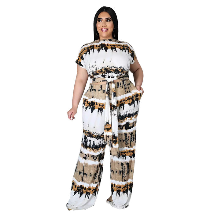 Plus Size Women  Clothes Printed Lace up Double Pocket Comfortable Wide Leg Pants Two-Piece Set