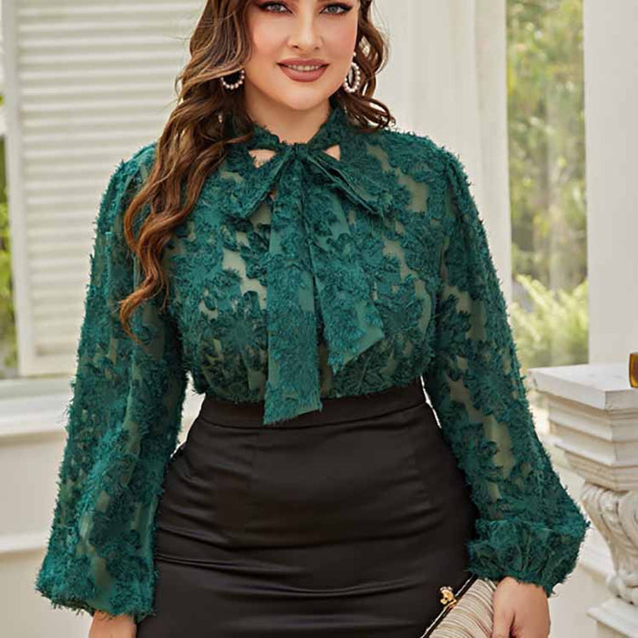 Plus Size Women Lace up Bow Top Long Sleeve Office Loose Middle East Women