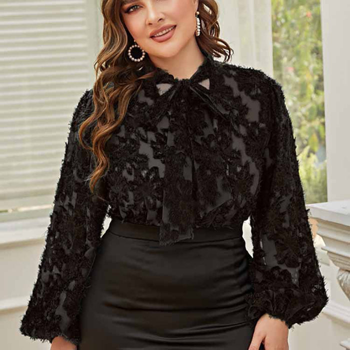 Plus Size Women Lace up Bow Top Long Sleeve Office Loose Middle East Women
