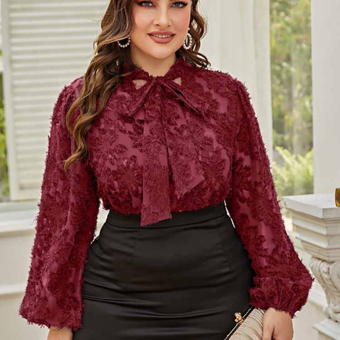 Plus Size Women Lace up Bow Top Long Sleeve Office Loose Middle East Women