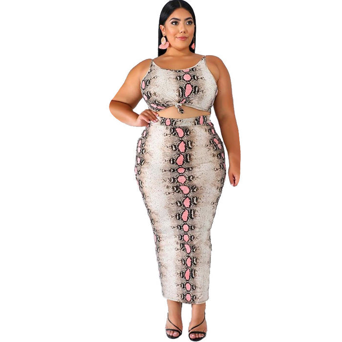 Plus Size Women Leopard Print Sling Mid-Length Dress Set Skinny Sheath Sexy Two-Piece Suit