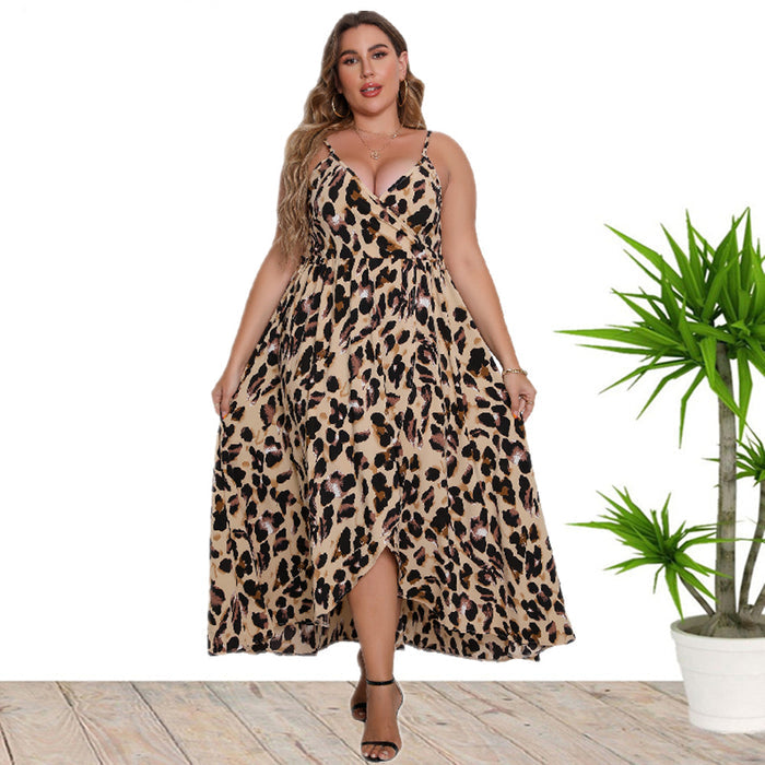 Plus Size Women Summer Sexy V neck Strap Leopard Print Dress