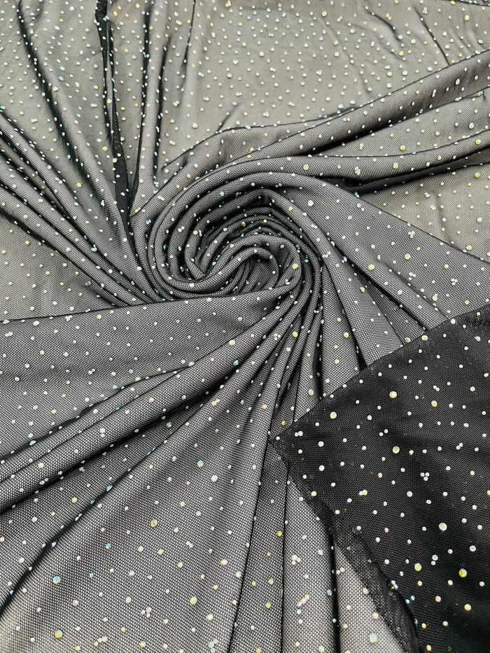 Power Mesh Polyester Rhinestones Fabric - Black - 4 Way Stretch Mesh Fabric Sold by Yard