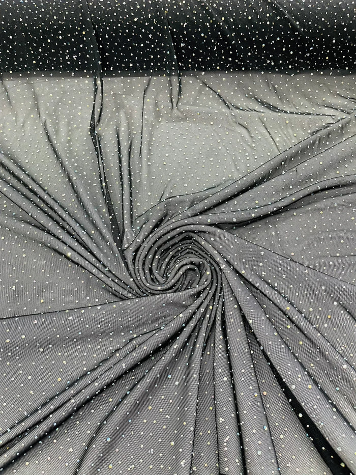 Power Mesh Polyester Rhinestones Fabric - Black - 4 Way Stretch Mesh Fabric Sold by Yard