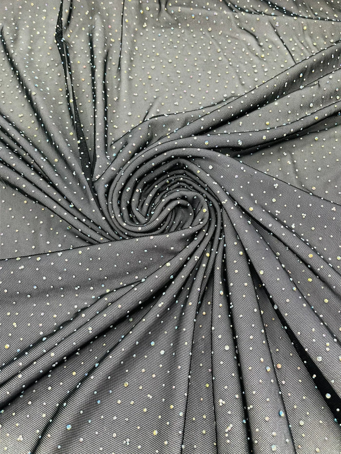 Power Mesh Polyester Rhinestones Fabric - Black - 4 Way Stretch Mesh Fabric Sold by Yard