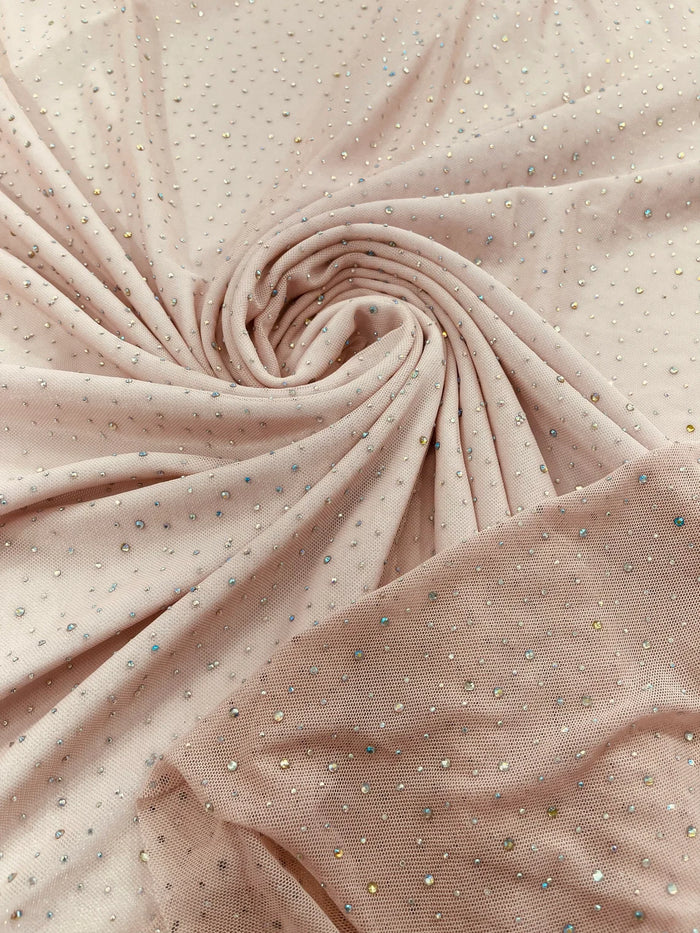Power Mesh Polyester Rhinestones Fabric - Blush - 4 Way Stretch Mesh Fabric Sold by Yard