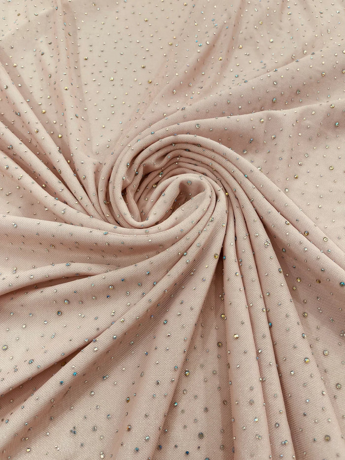 Power Mesh Polyester Rhinestones Fabric - Blush - 4 Way Stretch Mesh Fabric Sold by Yard