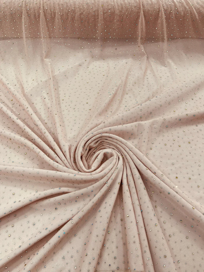 Power Mesh Polyester Rhinestones Fabric - Blush - 4 Way Stretch Mesh Fabric Sold by Yard