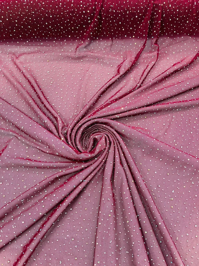 Power Mesh Polyester Rhinestones Fabric - Burgundy - 4 Way Stretch Mesh Fabric Sold by Yard