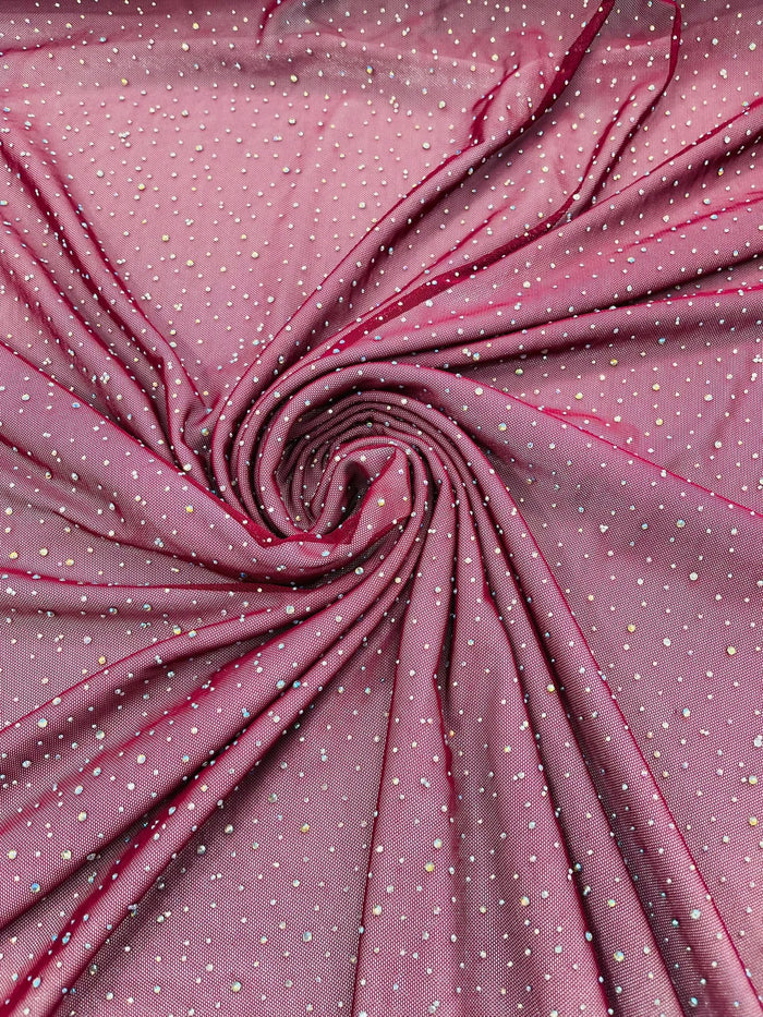 Power Mesh Polyester Rhinestones Fabric - Burgundy - 4 Way Stretch Mesh Fabric Sold by Yard