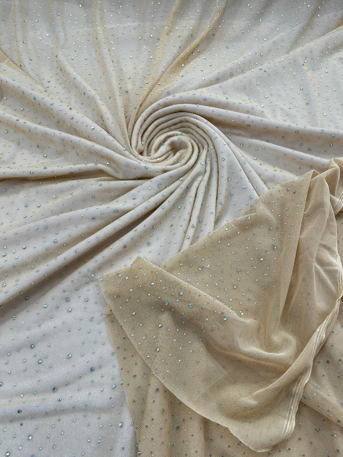 Power Mesh Polyester Rhinestones Fabric - Champagne - 4 Way Stretch Mesh Fabric Sold by Yard