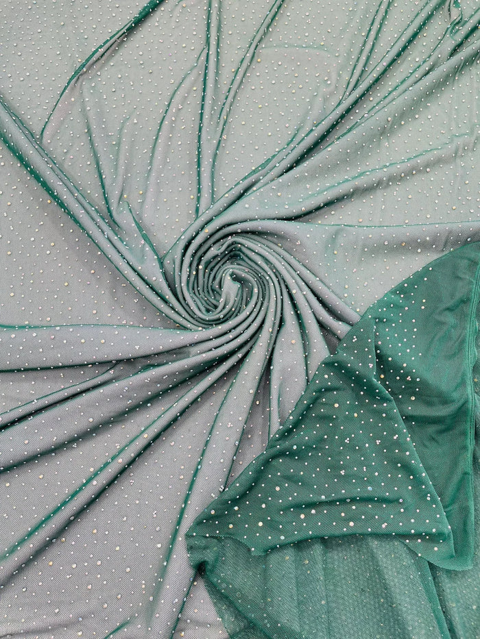 Power Mesh Polyester Rhinestones Fabric - Hunter Green - 4 Way Stretch Mesh Fabric Sold by Yard