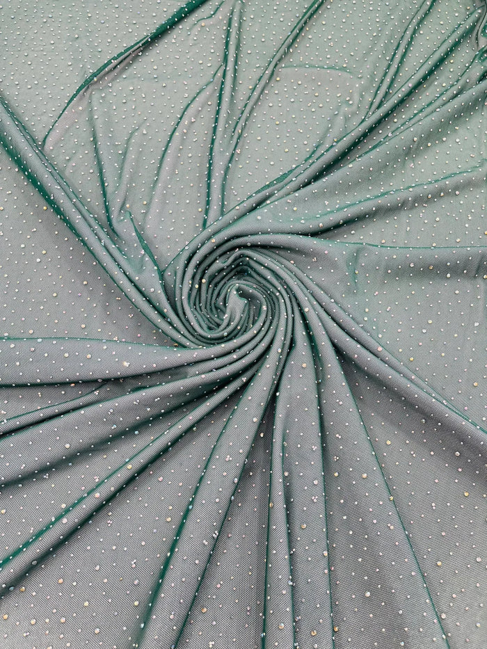 Power Mesh Polyester Rhinestones Fabric - Hunter Green - 4 Way Stretch Mesh Fabric Sold by Yard