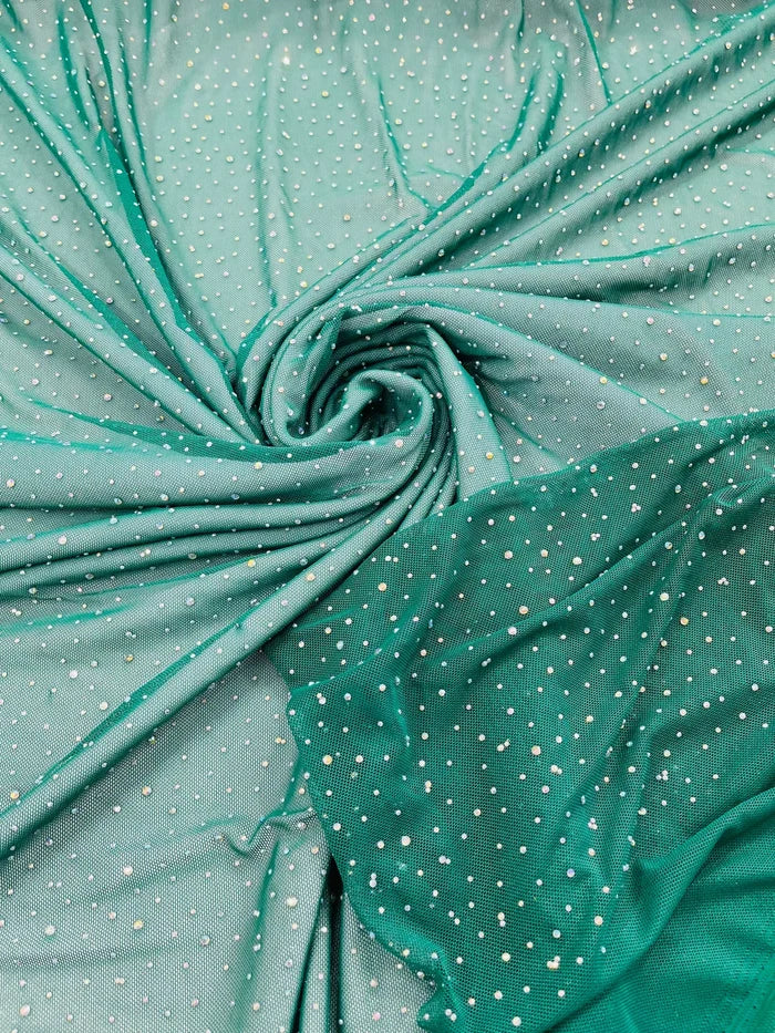Power Mesh Polyester Rhinestones Fabric - Kelly Green - 4 Way Stretch Mesh Fabric Sold by Yard