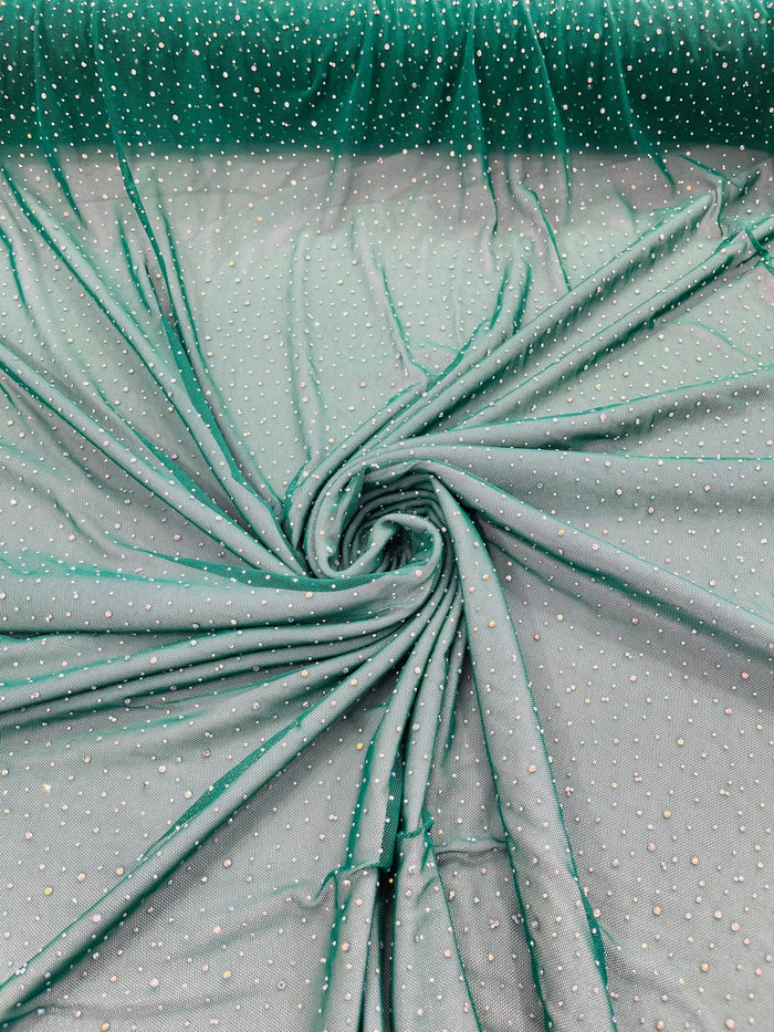 Power Mesh Polyester Rhinestones Fabric - Kelly Green - 4 Way Stretch Mesh Fabric Sold by Yard