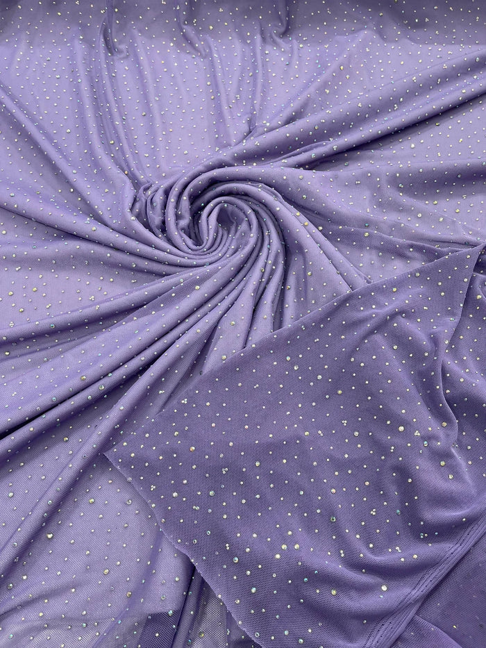 Power Mesh Polyester Rhinestones Fabric - Lavender - 4 Way Stretch Mesh Fabric Sold by Yard
