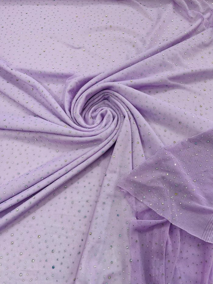 Power Mesh Polyester Rhinestones Fabric - Lilac - 4 Way Stretch Mesh Fabric Sold by Yard