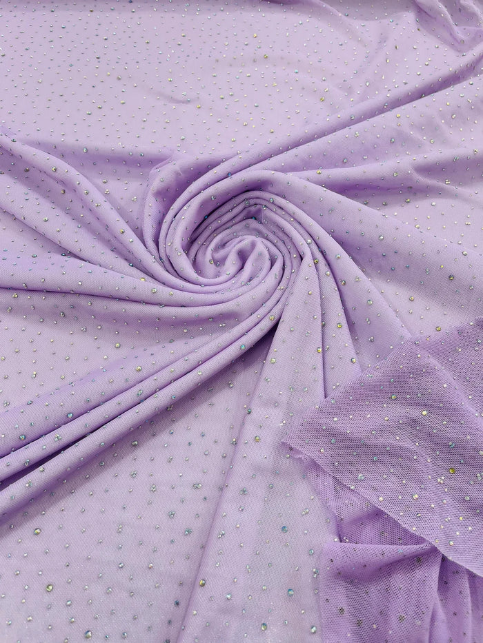 Power Mesh Polyester Rhinestones Fabric - Lilac - 4 Way Stretch Mesh Fabric Sold by Yard