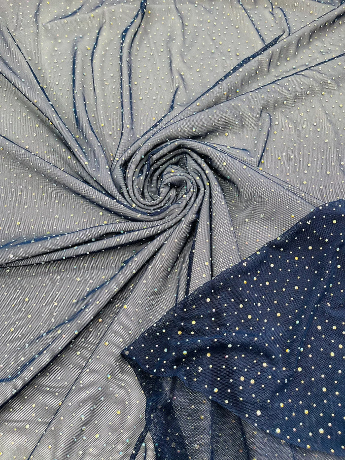 Power Mesh Polyester Rhinestones Fabric - Navy Blue - 4 Way Stretch Mesh Fabric Sold by Yard