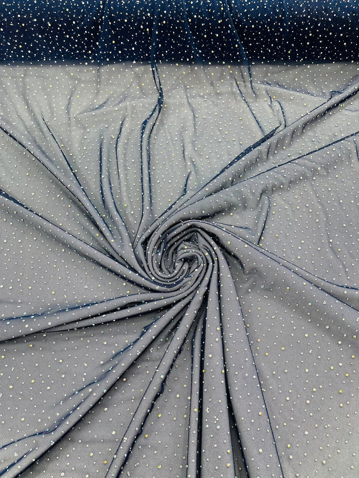 Power Mesh Polyester Rhinestones Fabric - Navy Blue - 4 Way Stretch Mesh Fabric Sold by Yard