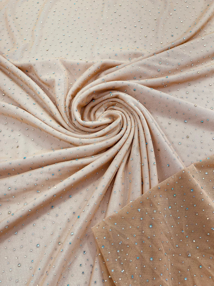 Power Mesh Polyester Rhinestones Fabric - Nude - 4 Way Stretch Mesh Fabric Sold by Yard