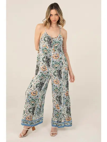 Printed Wide Leg Jumpsuit with Back Tie Detail